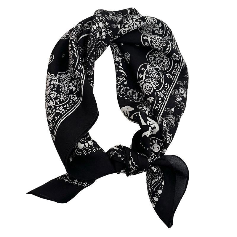 Vintage French Style Silk Scarf, Black & White Mulberry Silk Crepe de Chine Square 26", Elegant Classic Neckerchief, Retro Chic Head Scarf