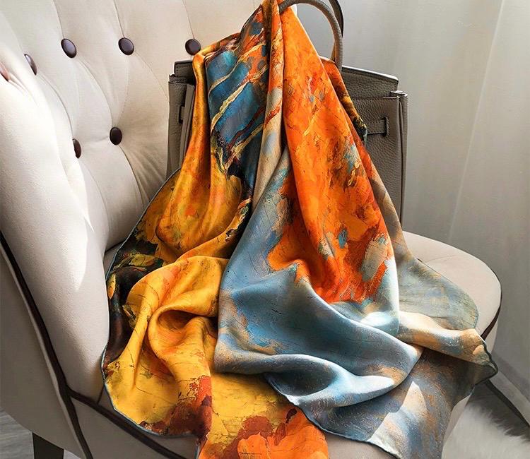43x43 Inches Hangzhou Silk Oil Painting Satin Scarf, 100 Mulberry Silk Square Scarf for Women, Art Inspired Large Shawl & Wrap, 110x110cm