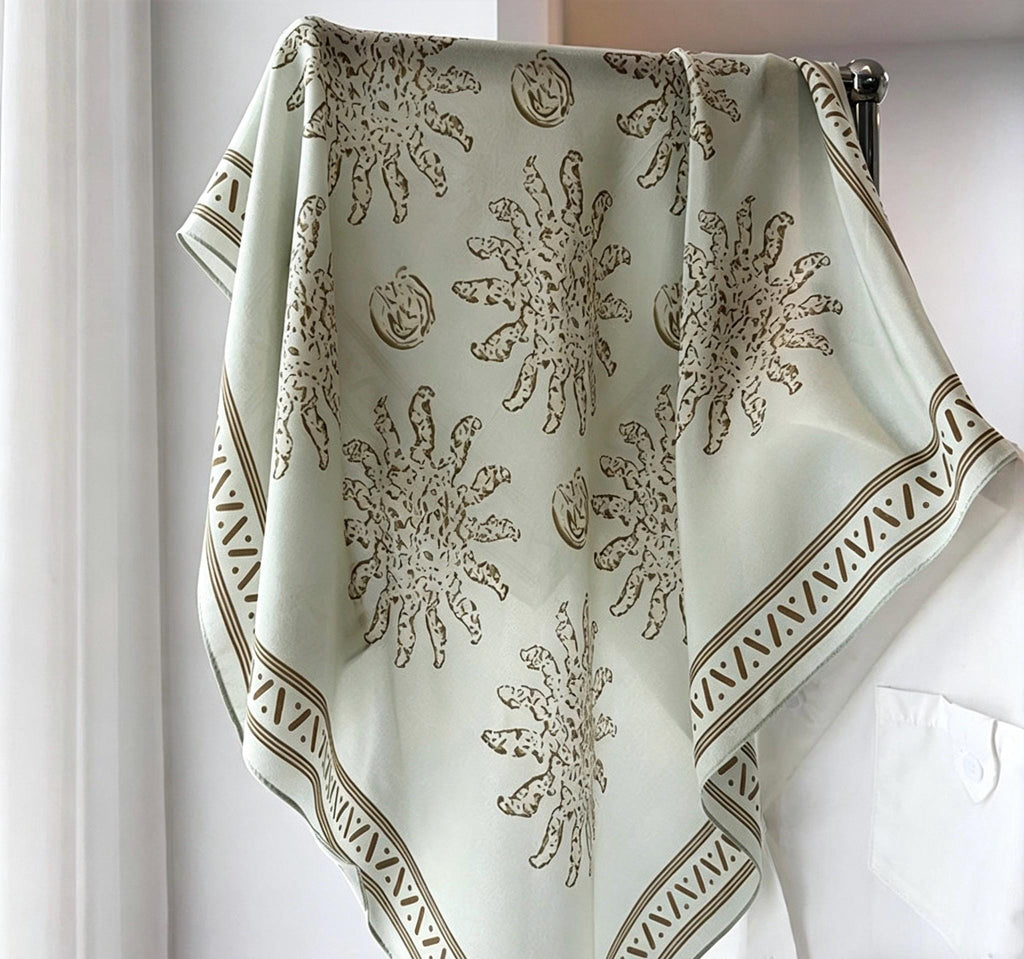 Rare Pea Green Silk Scarf 100% Mulberry Silk Crepe de Chine Square Scarf 25" Exotic Ethnic Style Lightweight Neck Scarf Luxury Gift for Her