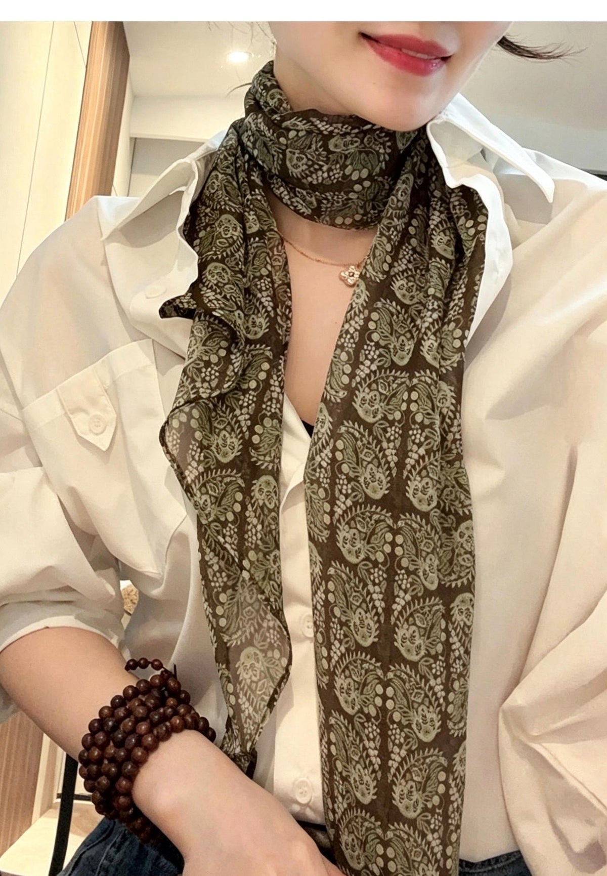 Colorful Leaves Silk Georgette Long Scarf 32x155cm, 100% Mulberry Silk Chiffon, Lightweight Foliage Print Shawl, Gift for Her