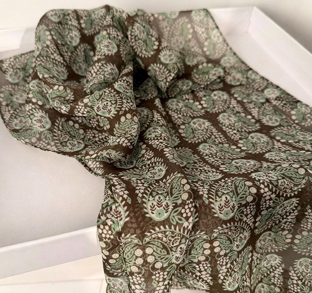 Colorful Leaves Silk Georgette Long Scarf 32x155cm, 100% Mulberry Silk Chiffon, Lightweight Foliage Print Shawl, Gift for Her