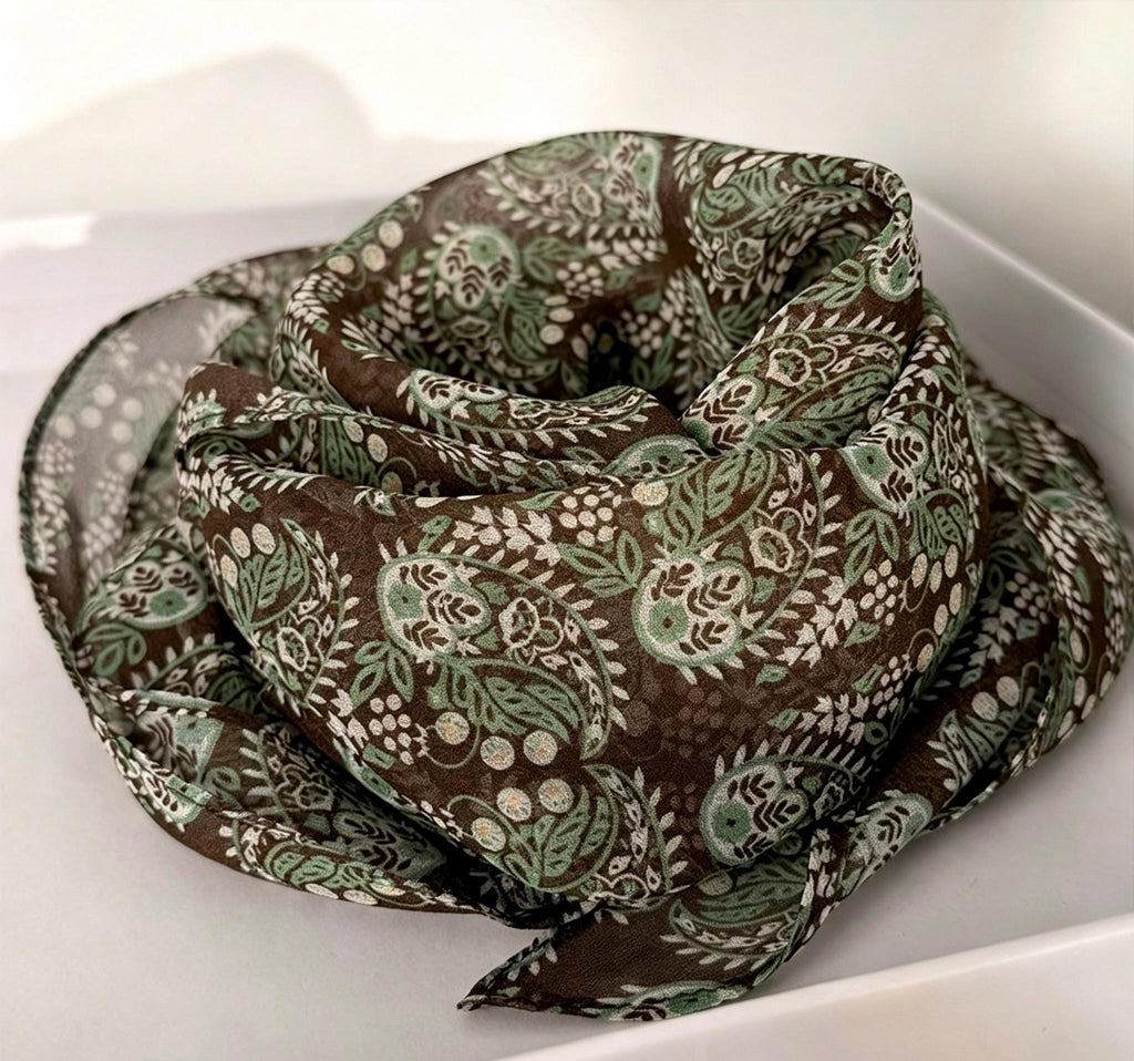 Colorful Leaves Silk Georgette Long Scarf 32x155cm, 100% Mulberry Silk Chiffon, Lightweight Foliage Print Shawl, Gift for Her
