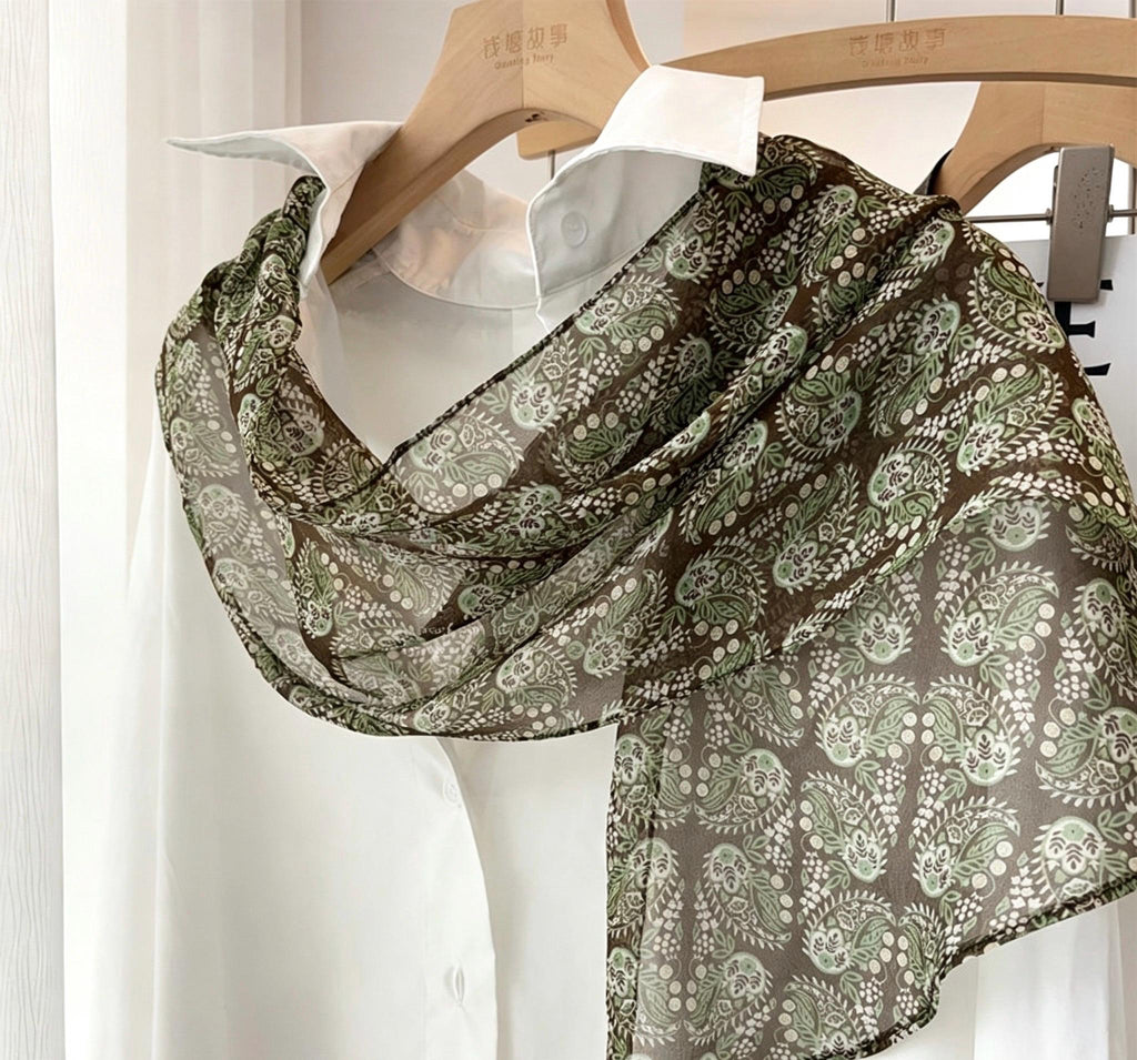 Colorful Leaves Silk Georgette Long Scarf 32x155cm, 100% Mulberry Silk Chiffon, Lightweight Foliage Print Shawl, Gift for Her