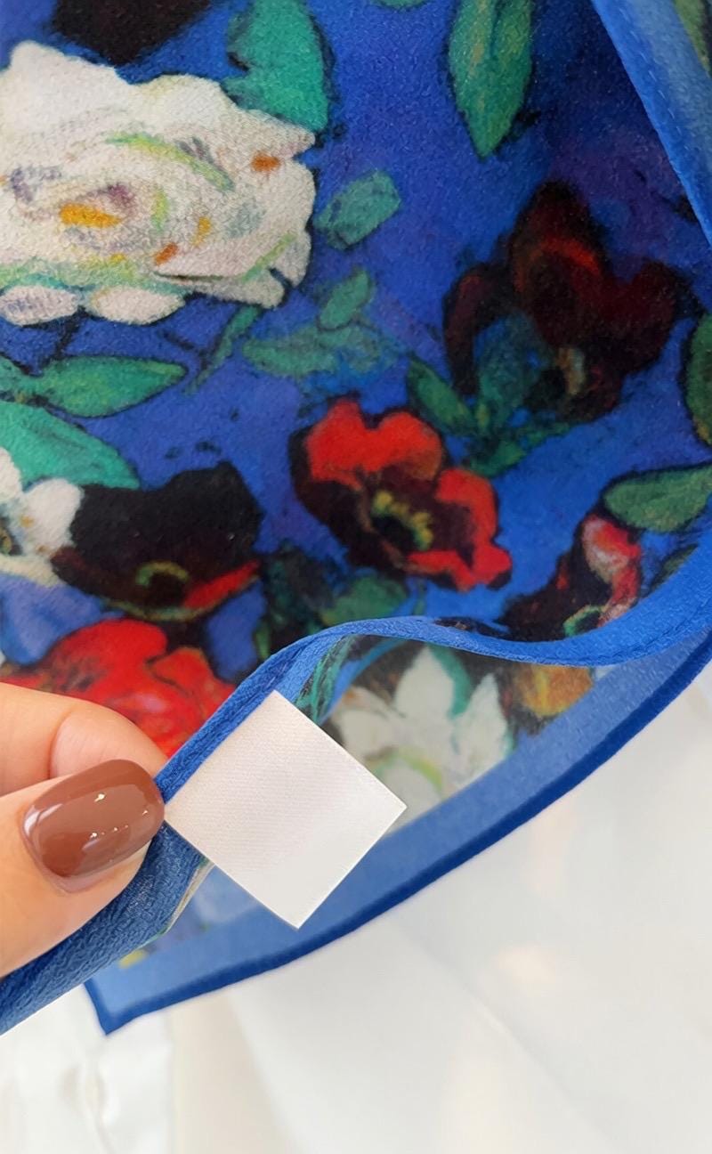 Classic Oil Painting Silk Scarf 26x26 in French Vintage Crepe de Chine Square Wrap Luxury Blue Mulberry Silk Neckerchief Artistic Gift Her