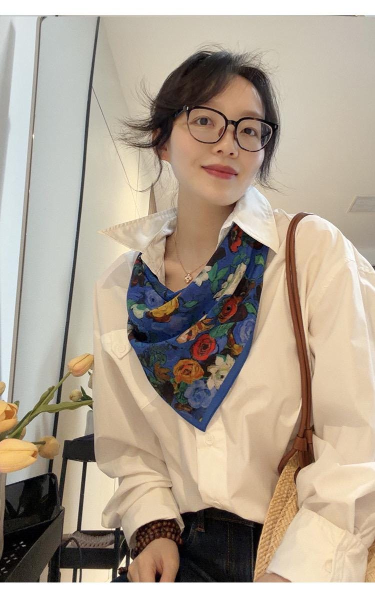 Classic Oil Painting Silk Scarf 26x26 in French Vintage Crepe de Chine Square Wrap Luxury Blue Mulberry Silk Neckerchief Artistic Gift Her