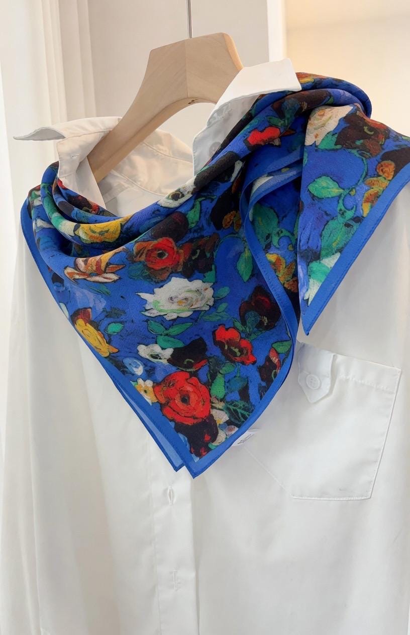 Classic Oil Painting Silk Scarf 26x26 in French Vintage Crepe de Chine Square Wrap Luxury Blue Mulberry Silk Neckerchief Artistic Gift Her
