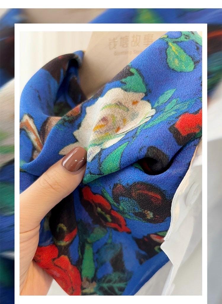 Classic Oil Painting Silk Scarf 26x26 in French Vintage Crepe de Chine Square Wrap Luxury Blue Mulberry Silk Neckerchief Artistic Gift Her