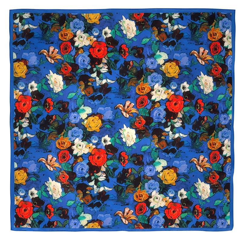 Classic Oil Painting Silk Scarf 26x26 in French Vintage Crepe de Chine Square Wrap Luxury Blue Mulberry Silk Neckerchief Artistic Gift Her