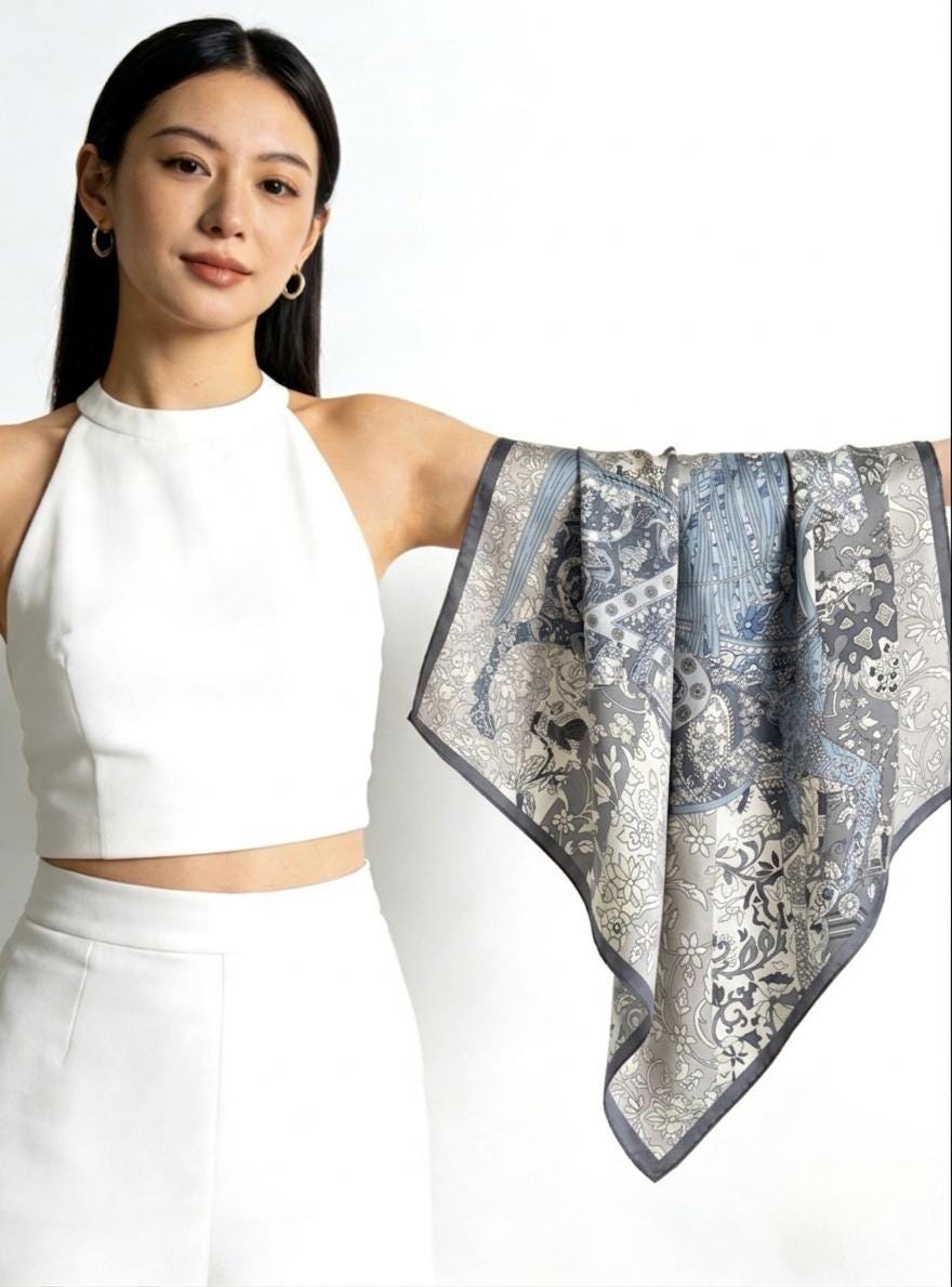 100% Mulberry Silk Scarf 25"x25" 65x65cm, Elegant Blue Crepe de Chine Silk Square, Premium Head Scarf, Chic Hand-Rolled Gift for Her