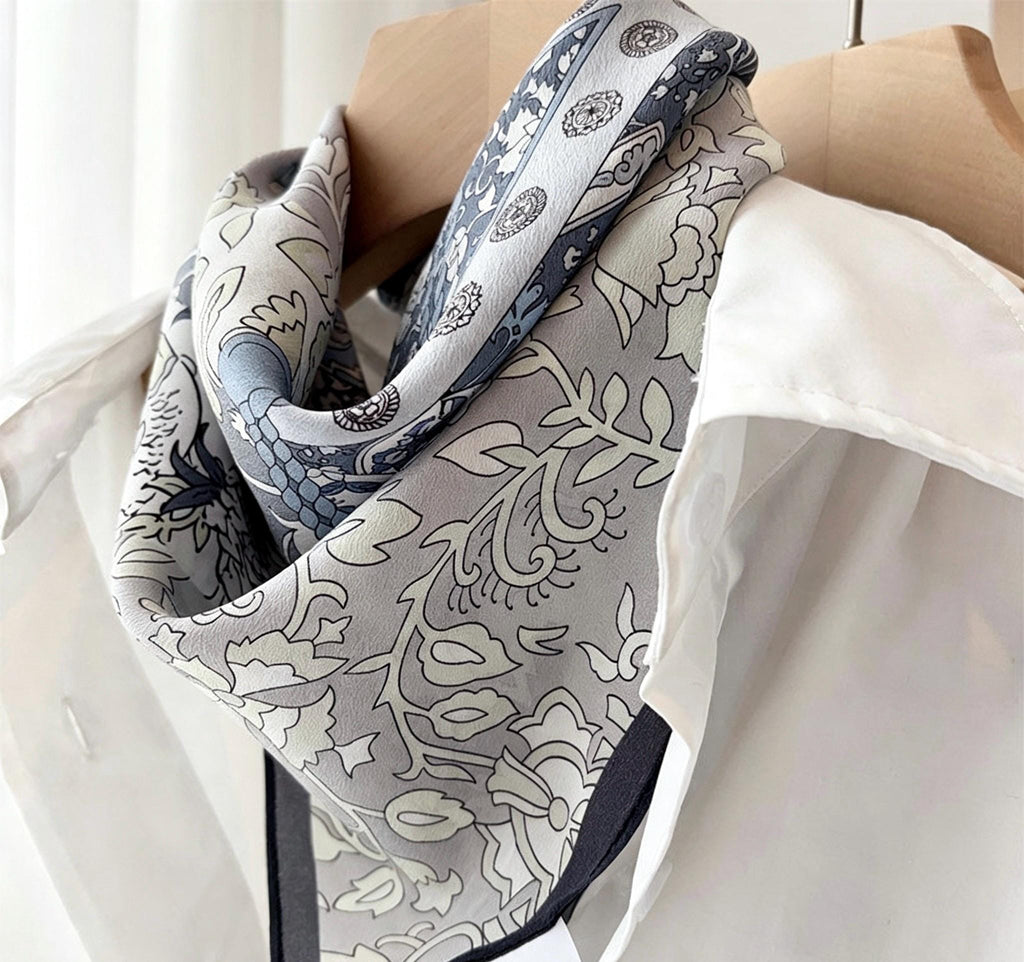 100% Mulberry Silk Scarf 25"x25" 65x65cm, Elegant Blue Crepe de Chine Silk Square, Premium Head Scarf, Chic Hand-Rolled Gift for Her