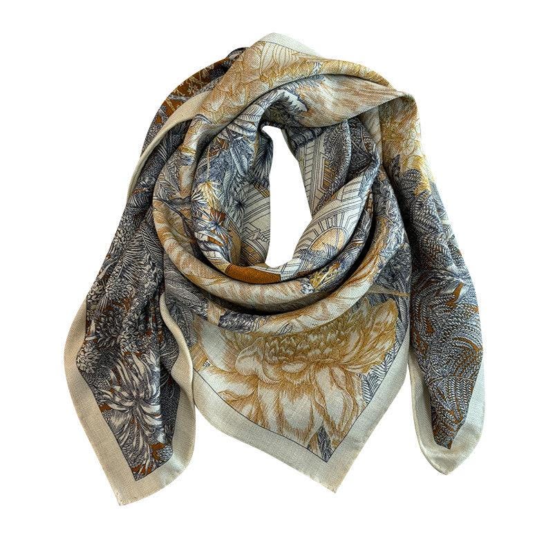 Elegant Beige Silk Wool Scarf, 33x33 in Luxury Double-Sided Square Shawl, Japanese Style Soft Pashmina, Versatile Wrap for Spring & Fall