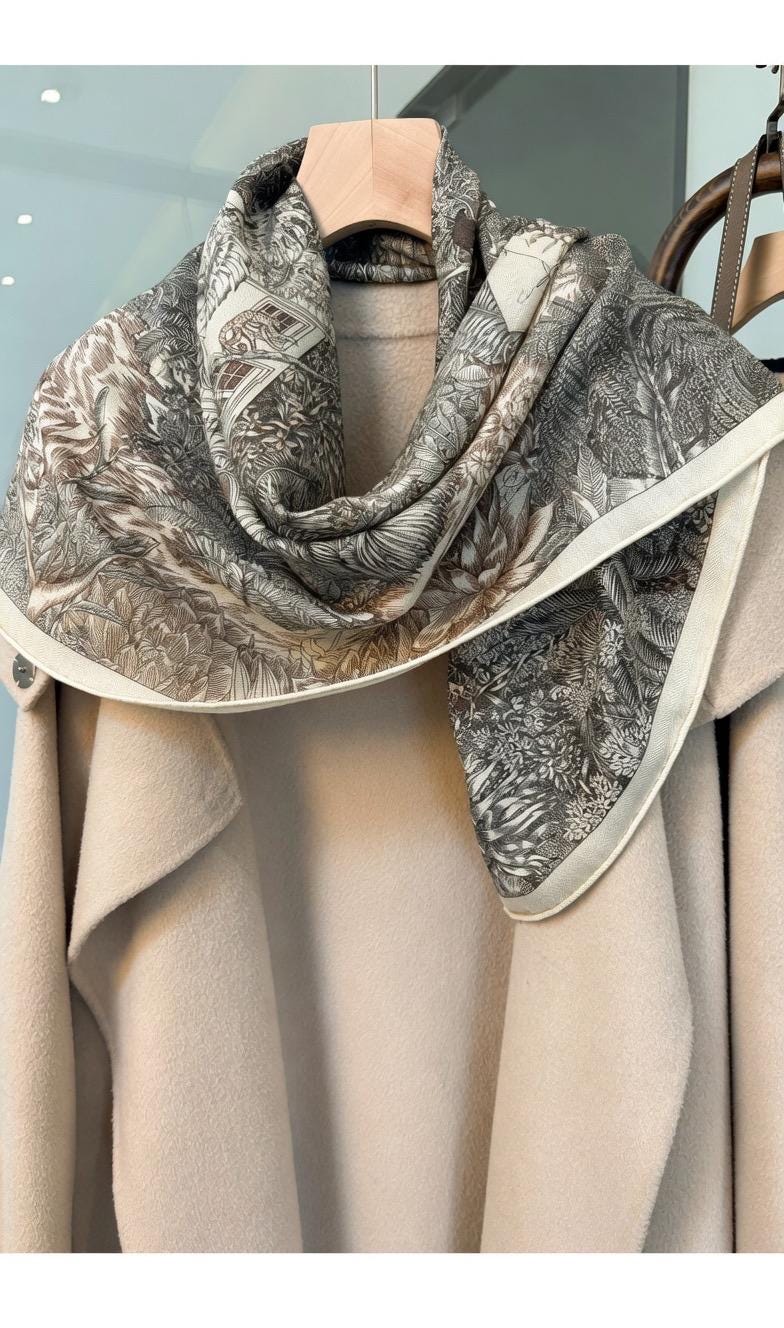 Elegant Beige Silk Wool Scarf, 33x33 in Luxury Double-Sided Square Shawl, Japanese Style Soft Pashmina, Versatile Wrap for Spring & Fall