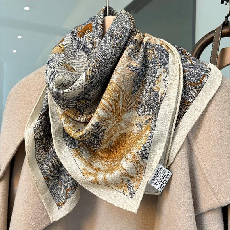 Elegant Beige Silk Wool Scarf, 33x33 in Luxury Double-Sided Square Shawl, Japanese Style Soft Pashmina, Versatile Wrap for Spring & Fall