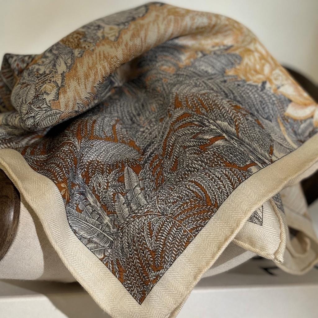 Elegant Beige Silk Wool Scarf, 33x33 in Luxury Double-Sided Square Shawl, Japanese Style Soft Pashmina, Versatile Wrap for Spring & Fall