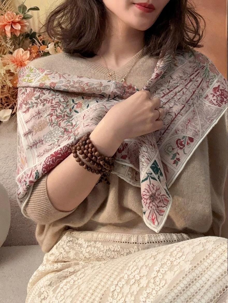Gentle Garden Silk Wool Scarf for Women, Versatile Square Neck Warmer Shawl, Elegant Floral Wrap, 27"x27" & 35"x35", Gift for Her