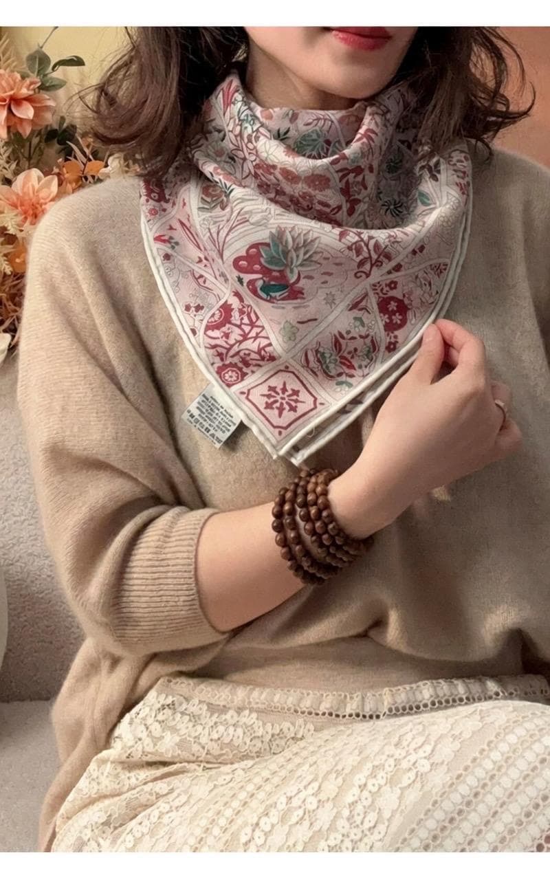Gentle Garden Silk Wool Scarf for Women, Versatile Square Neck Warmer Shawl, Elegant Floral Wrap, 27"x27" & 35"x35", Gift for Her