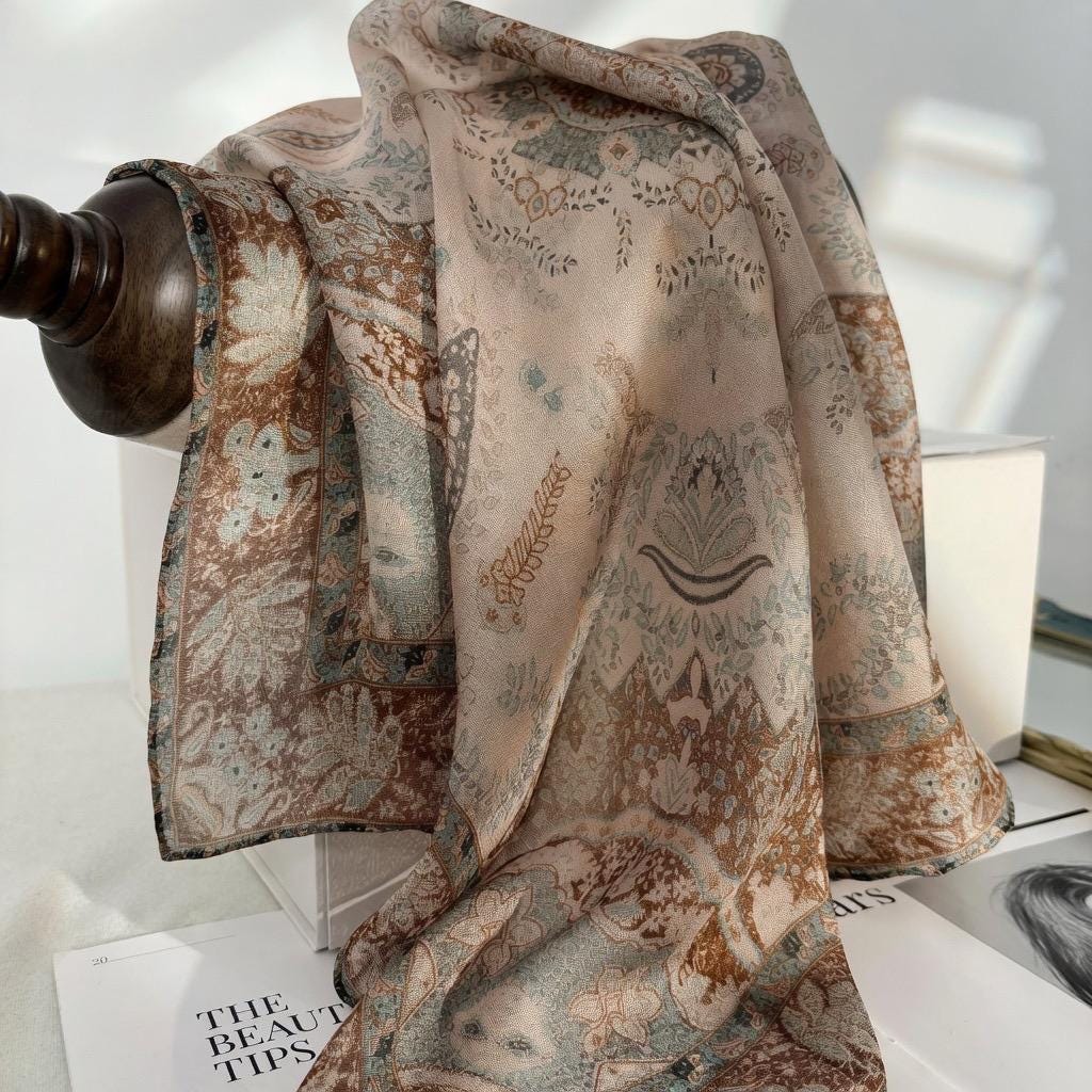 Classic Paisley Sili Gauze Silk Scarf, Summer Garden Mulberry Silk Neckerchief for Women, Elegant Decorative Bandana, 25" Square Scarf