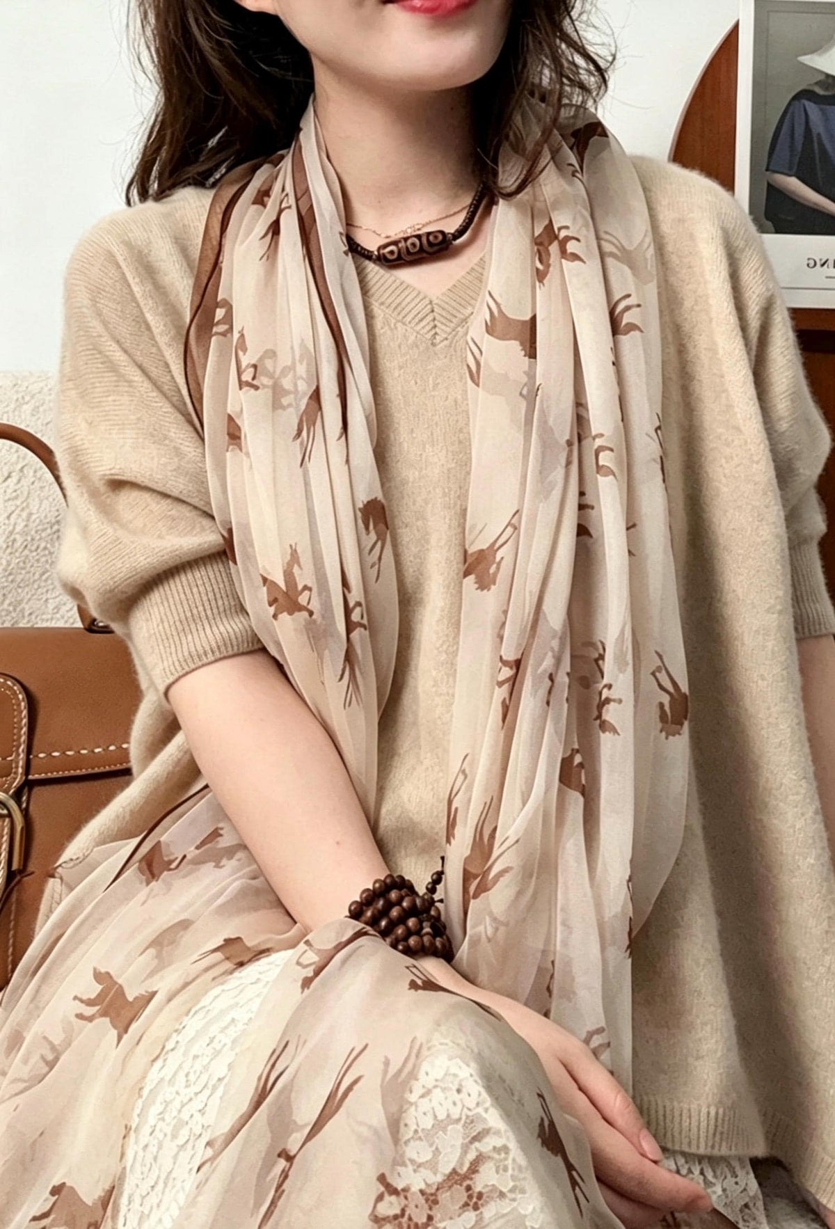 100% Mulberry Silk Scarf 35"x75" 88x190cm, Cream Pony Georgette Silk Shawl, Long Summer Sunscreen Wrap, Lightweight Floral Scarf for