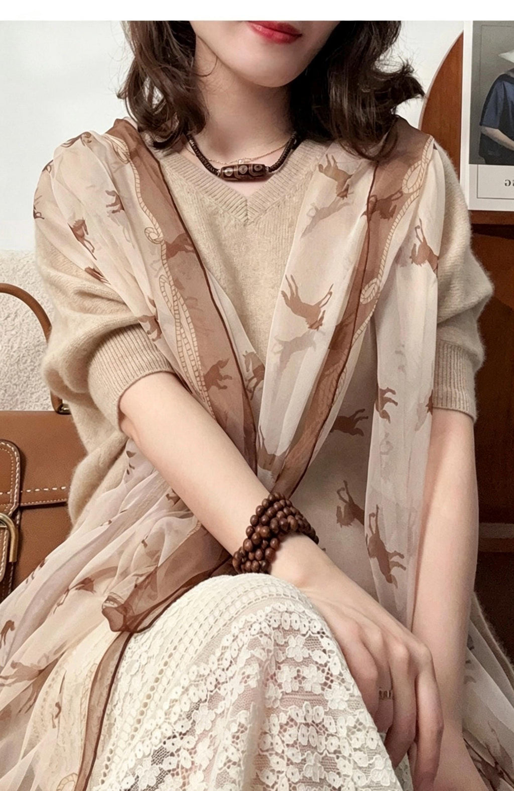 100% Mulberry Silk Scarf 35"x75" 88x190cm, Cream Pony Georgette Silk Shawl, Long Summer Sunscreen Wrap, Lightweight Floral Scarf for