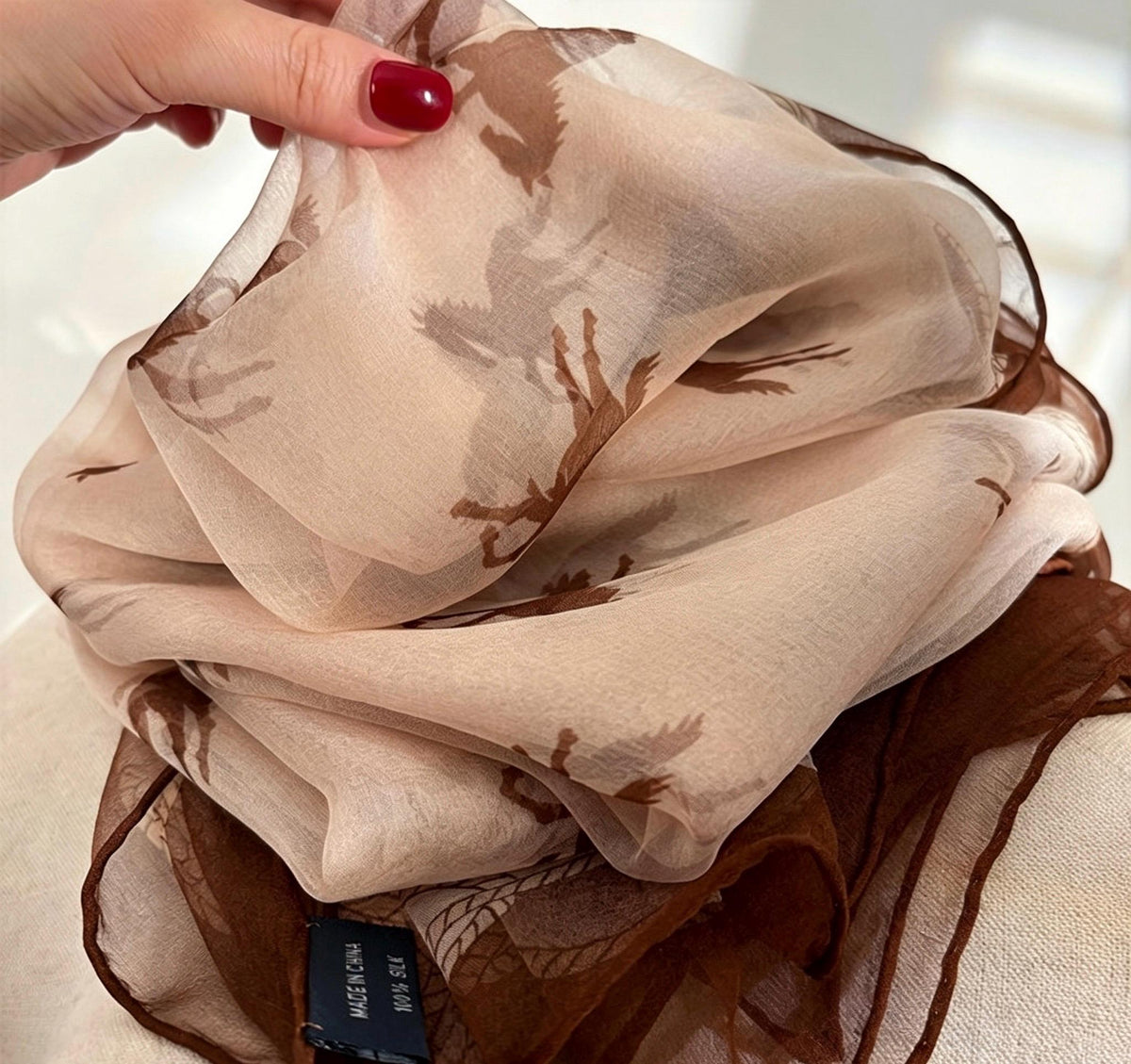 100% Mulberry Silk Scarf 35"x75" 88x190cm, Cream Pony Georgette Silk Shawl, Long Summer Sunscreen Wrap, Lightweight Floral Scarf for