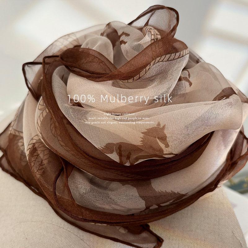 100% Mulberry Silk Scarf 35"x75" 88x190cm, Cream Pony Georgette Silk Shawl, Long Summer Sunscreen Wrap, Lightweight Floral Scarf for