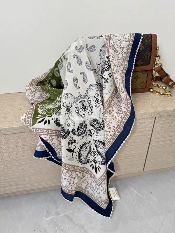 100% Mulberry Silk Scarf 26"x26" 65x65cm, Paisley Crepe de Chine Scarf, Retro Old Money Aesthetic Neck Tie, Elegant Teal Blue Square Wrap