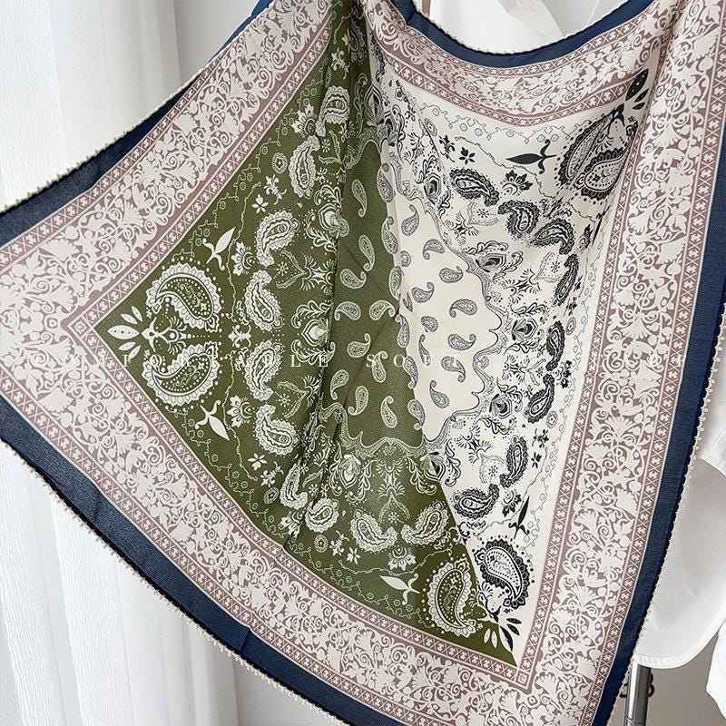 100% Mulberry Silk Scarf 26"x26" 65x65cm, Paisley Crepe de Chine Scarf, Retro Old Money Aesthetic Neck Tie, Elegant Teal Blue Square Wrap