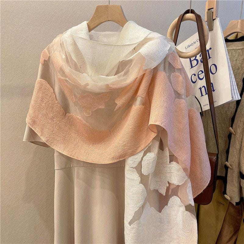 Wrapwhisper 3D Cut-Flower Rose Scarf, Organza Silk Shawl for Spring Autumn, Large Floral Wrap 25”x75”, Elegant Women's Long Evening Stole