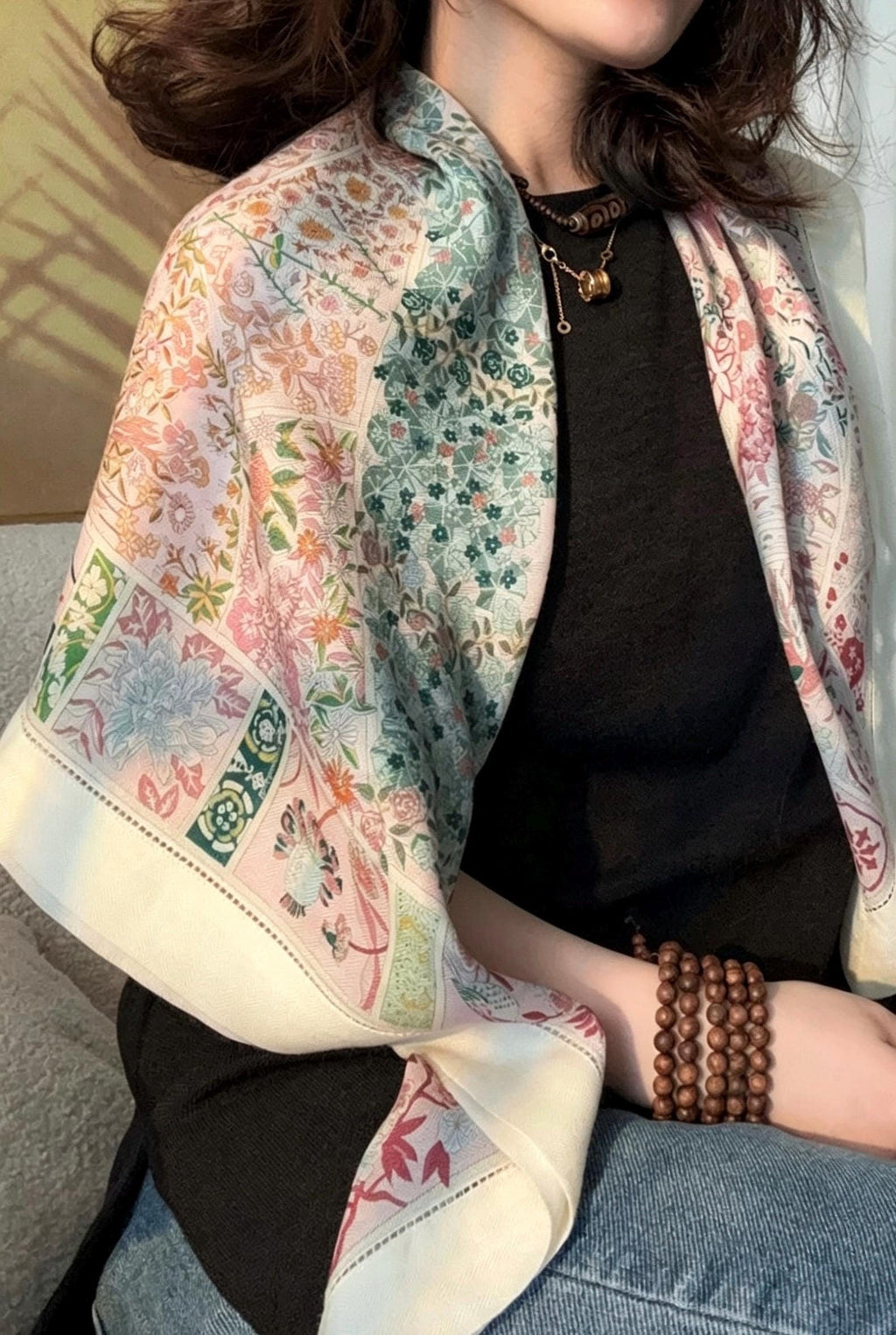 Australian Wool Scarf 35"x35" 88x88cm, Secret Garden Hollow Out Luxury Shawl, Lace Floral Large Square Wrap, Soft Spring Autumn Cape