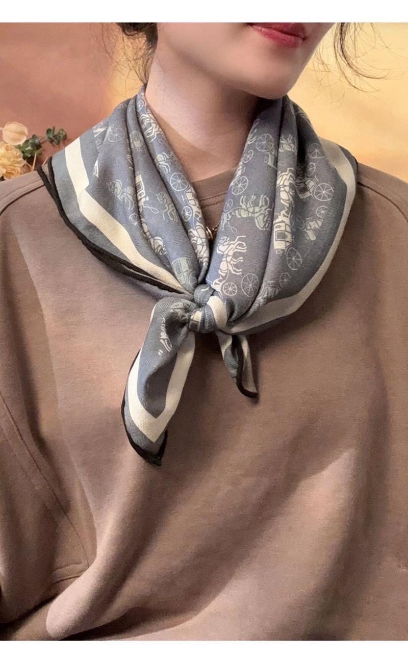 Luxury Silk Wool Scarf, Blue Horse Carriage Print Square Shawl 27", Double-Sided Warm Neck Wrap, Elegant Spring Autumn Scarf, Gift for Her