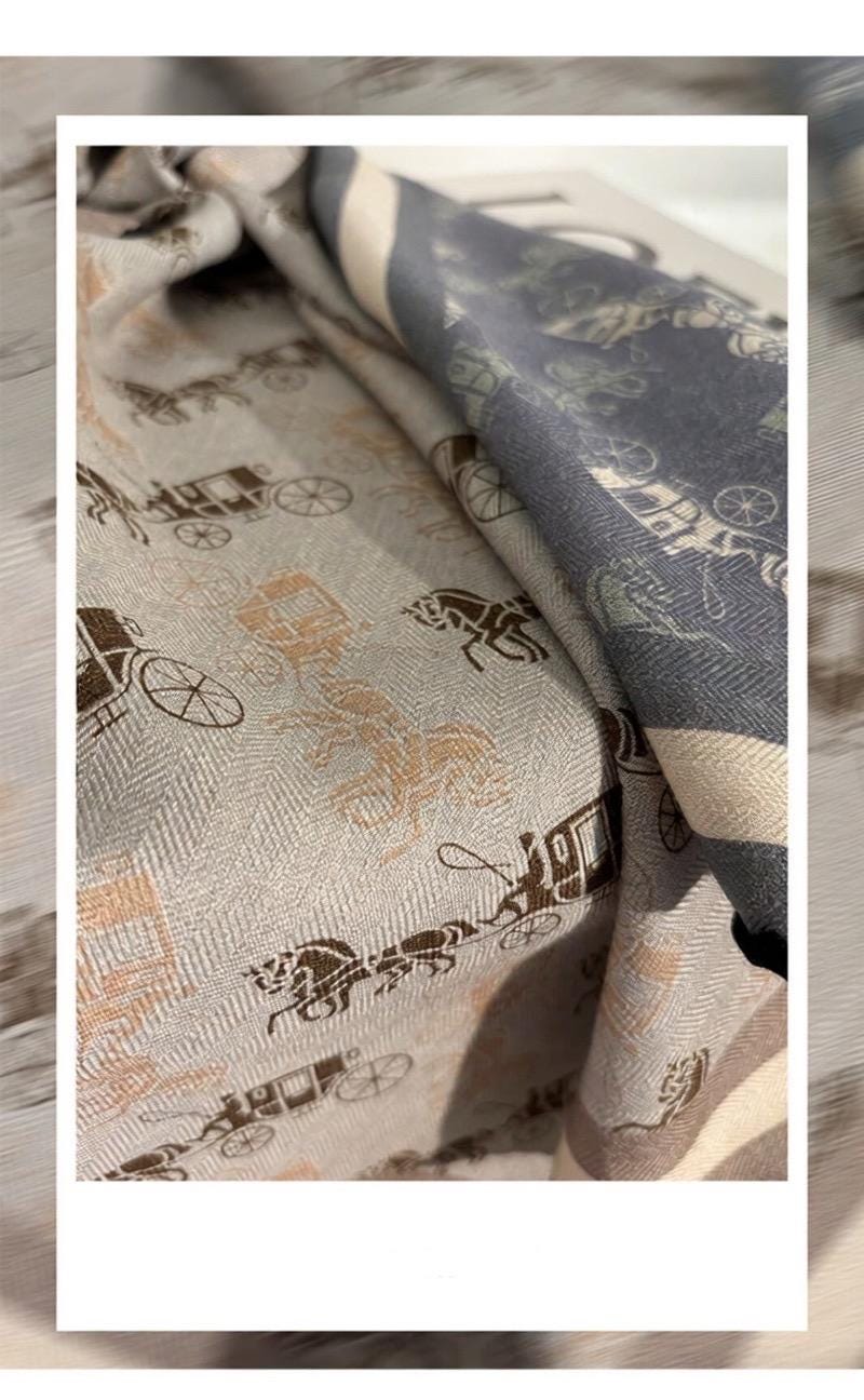 Luxury Silk Wool Scarf, Blue Horse Carriage Print Square Shawl 27", Double-Sided Warm Neck Wrap, Elegant Spring Autumn Scarf, Gift for Her