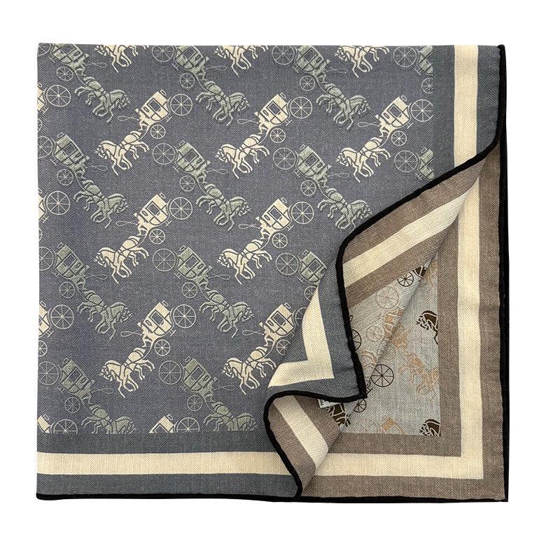 Luxury Silk Wool Scarf, Blue Horse Carriage Print Square Shawl 27", Double-Sided Warm Neck Wrap, Elegant Spring Autumn Scarf, Gift for Her