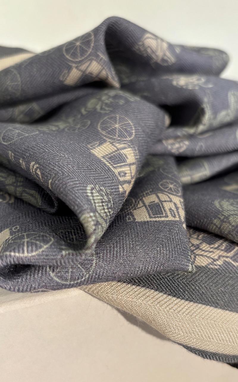 Luxury Silk Wool Scarf, Blue Horse Carriage Print Square Shawl 27", Double-Sided Warm Neck Wrap, Elegant Spring Autumn Scarf, Gift for Her