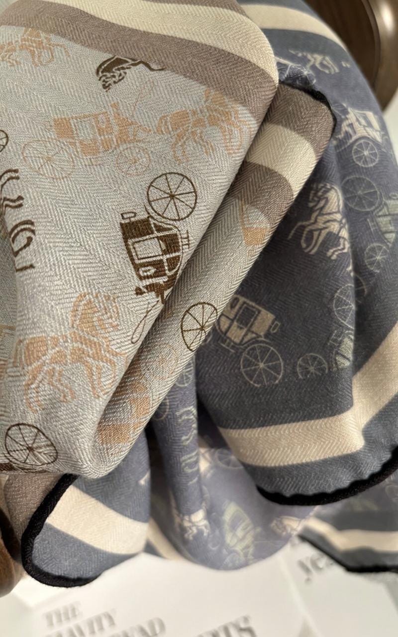 Luxury Silk Wool Scarf, Blue Horse Carriage Print Square Shawl 27", Double-Sided Warm Neck Wrap, Elegant Spring Autumn Scarf, Gift for Her
