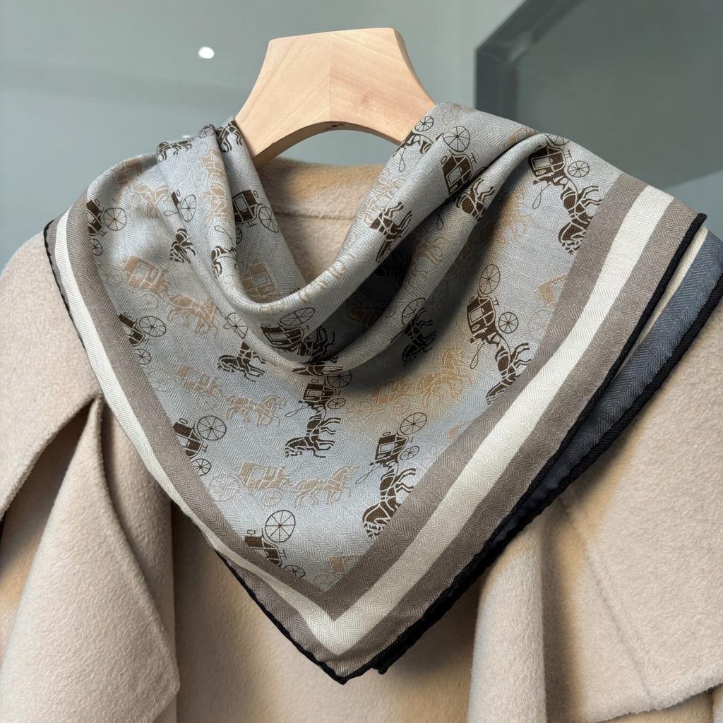Luxury Silk Wool Scarf, Blue Horse Carriage Print Square Shawl 27", Double-Sided Warm Neck Wrap, Elegant Spring Autumn Scarf, Gift for Her