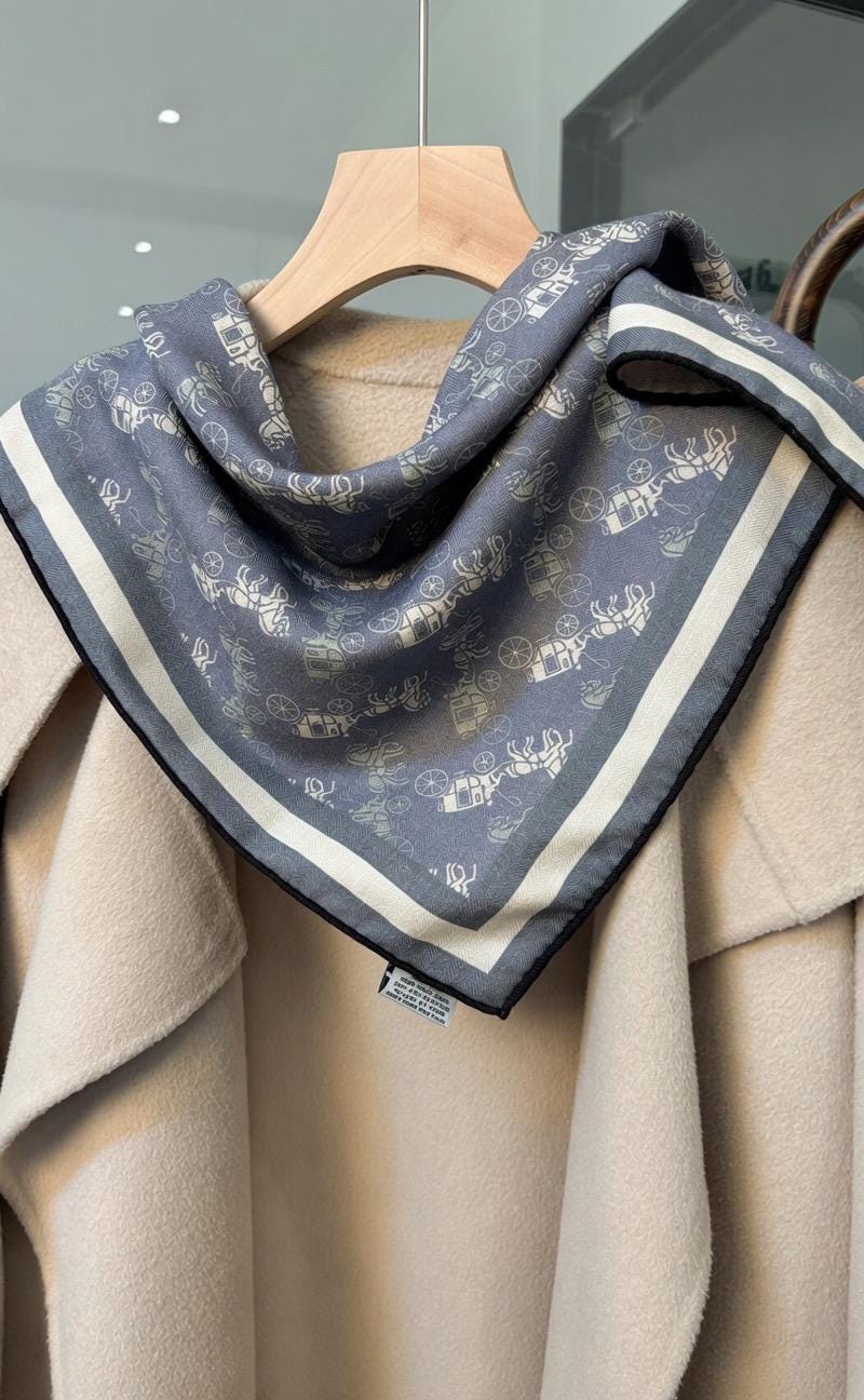 Luxury Silk Wool Scarf, Blue Horse Carriage Print Square Shawl 27", Double-Sided Warm Neck Wrap, Elegant Spring Autumn Scarf, Gift for Her
