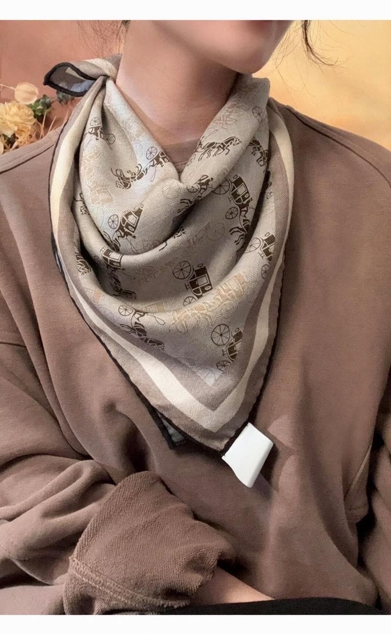 Luxury Silk Wool Scarf, Blue Horse Carriage Print Square Shawl 27", Double-Sided Warm Neck Wrap, Elegant Spring Autumn Scarf, Gift for Her