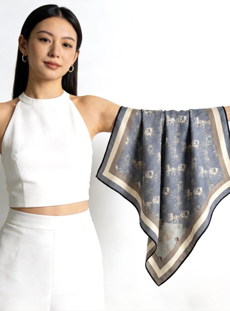 Luxury Silk Wool Scarf, Blue Horse Carriage Print Square Shawl 27", Double-Sided Warm Neck Wrap, Elegant Spring Autumn Scarf, Gift for Her