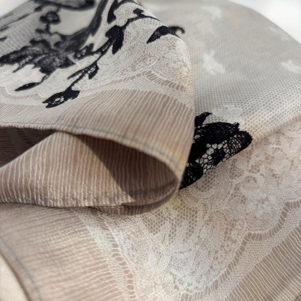 Rococo Whispers 3D Lace Silk Scarf, Premium Mulberry Silk Crepe de Chine Square 26", French Vintage Elegant Neck Tie, Luxury Gift for Her