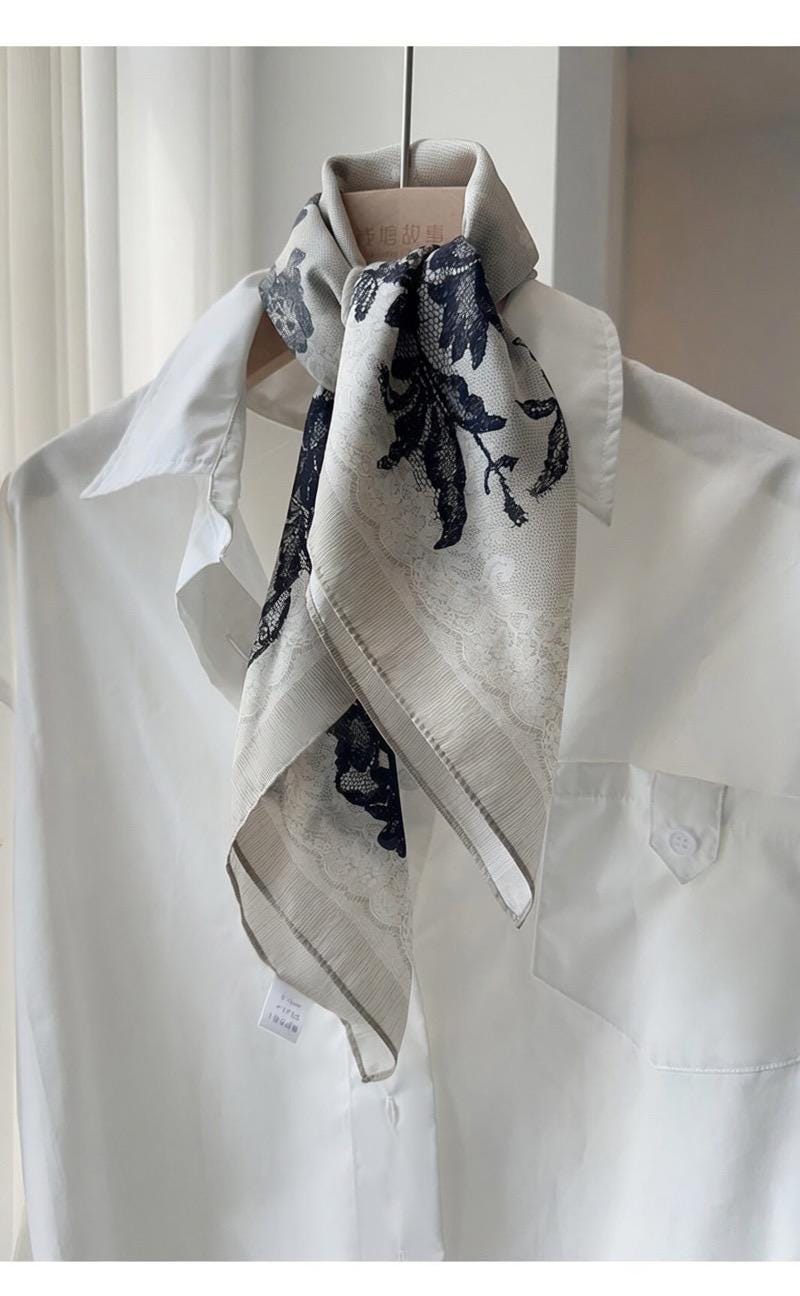 Rococo Whispers 3D Lace Silk Scarf, Premium Mulberry Silk Crepe de Chine Square 26", French Vintage Elegant Neck Tie, Luxury Gift for Her