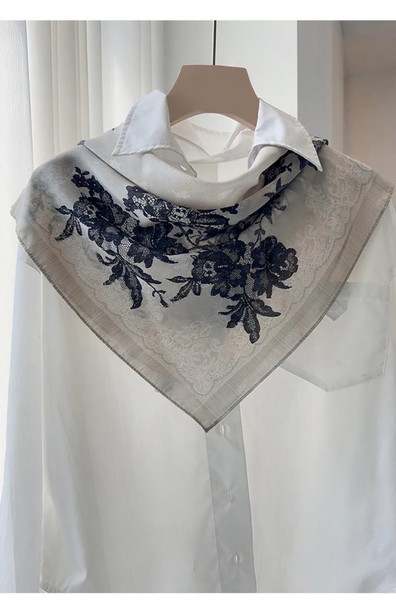 Rococo Whispers 3D Lace Silk Scarf, Premium Mulberry Silk Crepe de Chine Square 26", French Vintage Elegant Neck Tie, Luxury Gift for Her