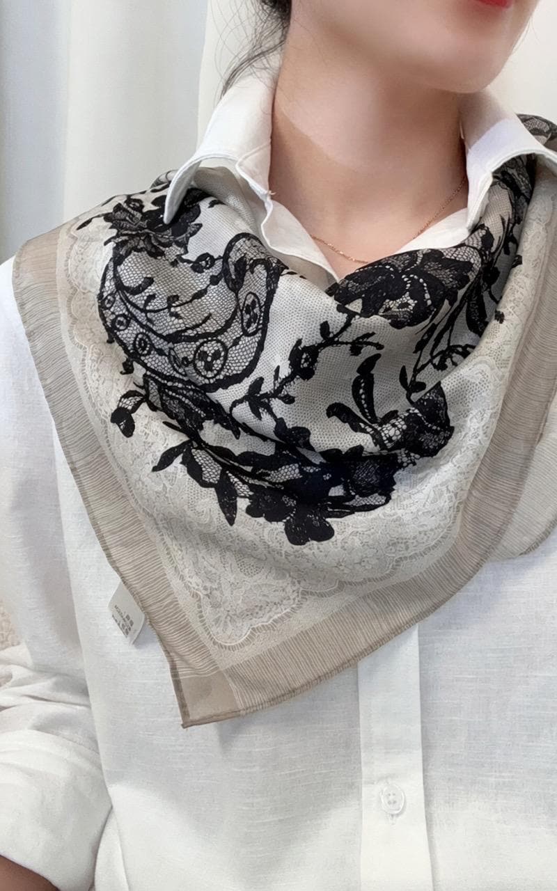 Rococo Whispers 3D Lace Silk Scarf, Premium Mulberry Silk Crepe de Chine Square 26", French Vintage Elegant Neck Tie, Luxury Gift for Her