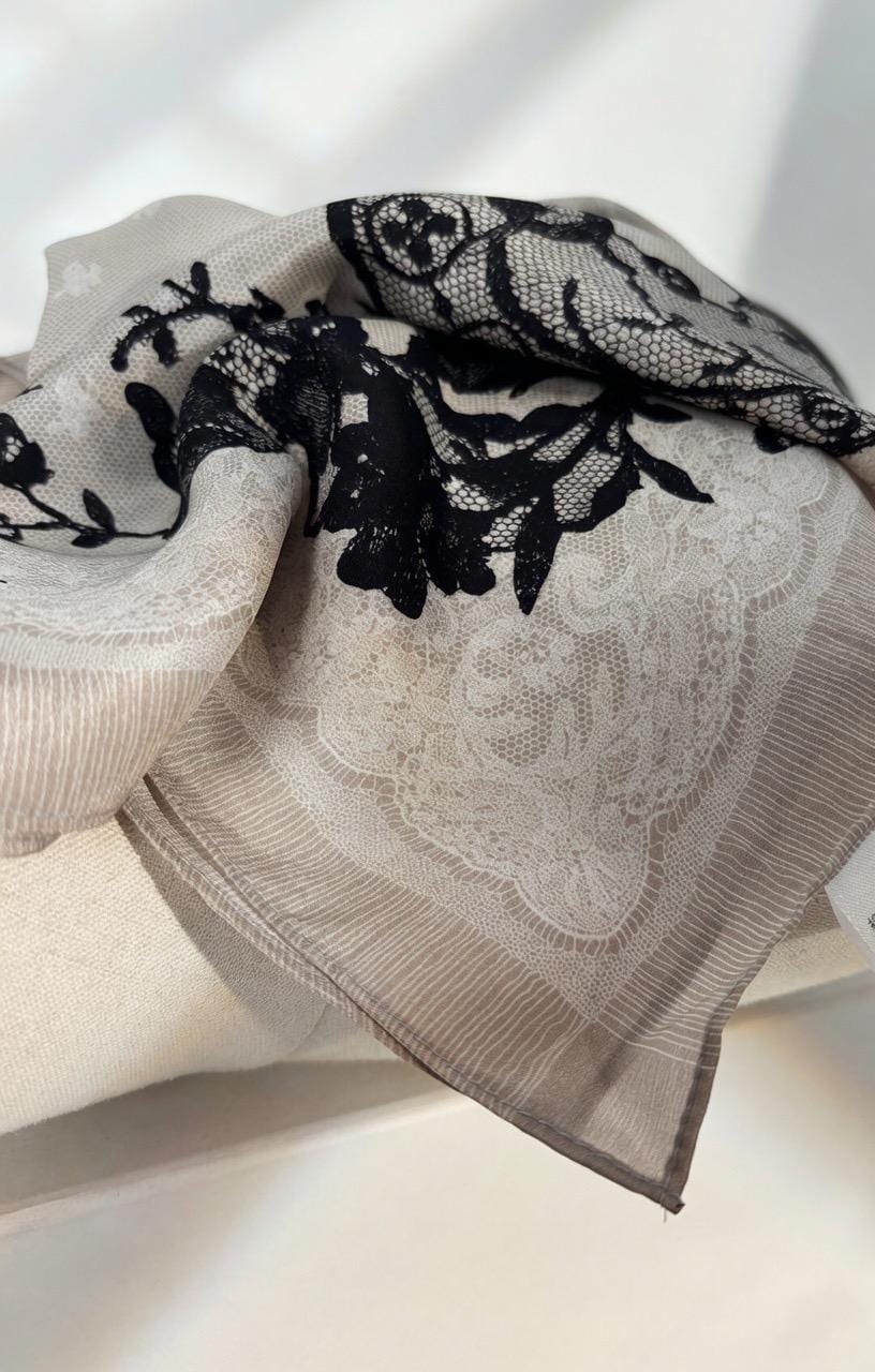 Rococo Whispers 3D Lace Silk Scarf, Premium Mulberry Silk Crepe de Chine Square 26", French Vintage Elegant Neck Tie, Luxury Gift for Her