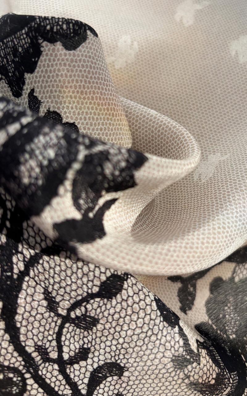 Rococo Whispers 3D Lace Silk Scarf, Premium Mulberry Silk Crepe de Chine Square 26", French Vintage Elegant Neck Tie, Luxury Gift for Her