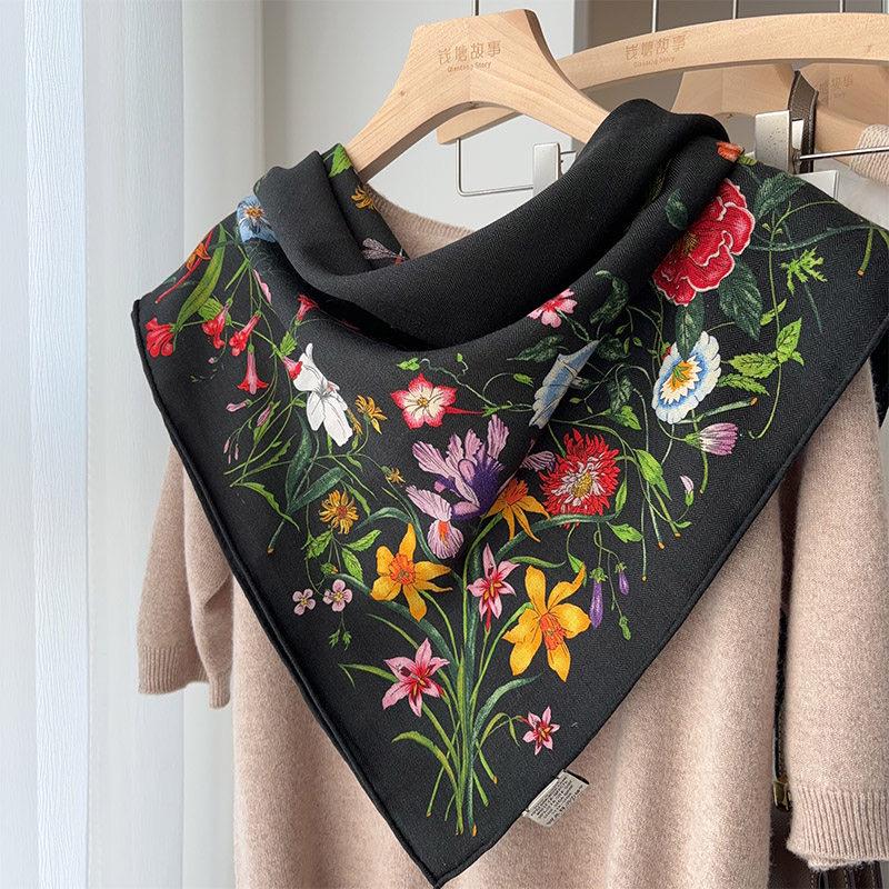 100% Mulberry Silk Scarf 35"x35" 88x88cm, Luxury Silk Wool Blend Shawl, Silent Garden Collection, Winter Warm Square Head Wrap, Gift for Her