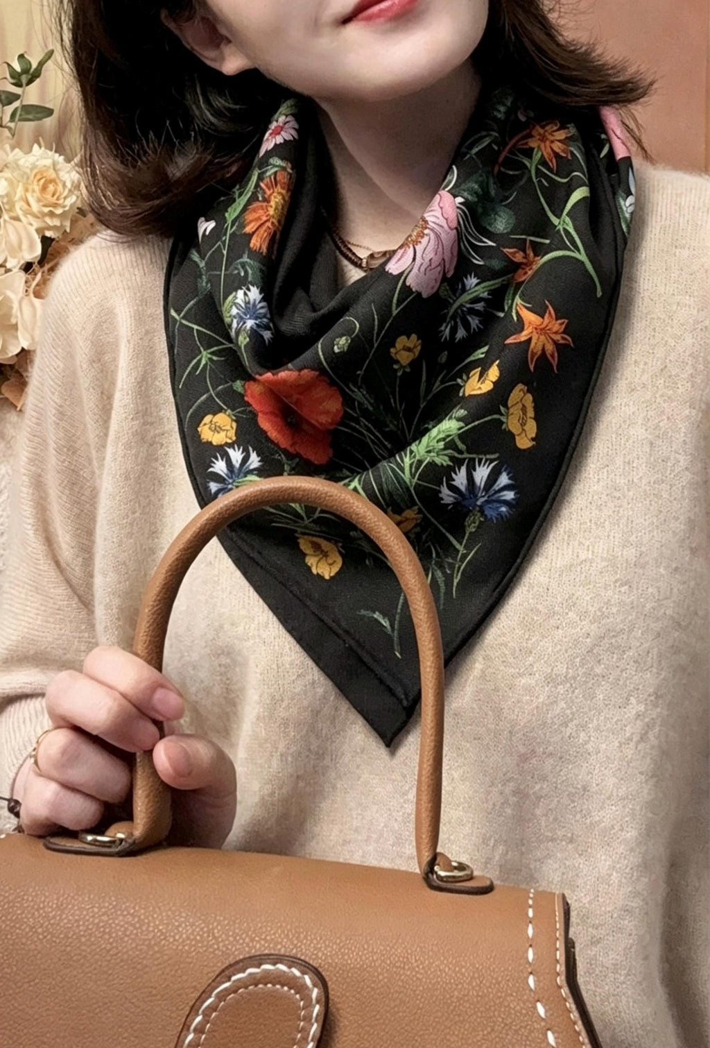 100% Mulberry Silk Scarf 35"x35" 88x88cm, Luxury Silk Wool Blend Shawl, Silent Garden Collection, Winter Warm Square Head Wrap, Gift for Her