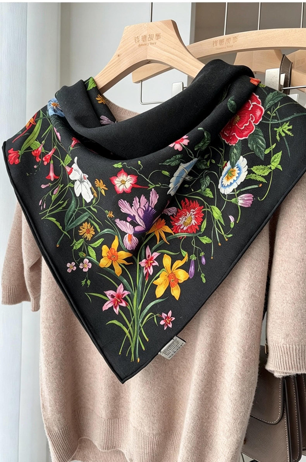 100% Mulberry Silk Scarf 35"x35" 88x88cm, Luxury Silk Wool Blend Shawl, Silent Garden Collection, Winter Warm Square Head Wrap, Gift for Her