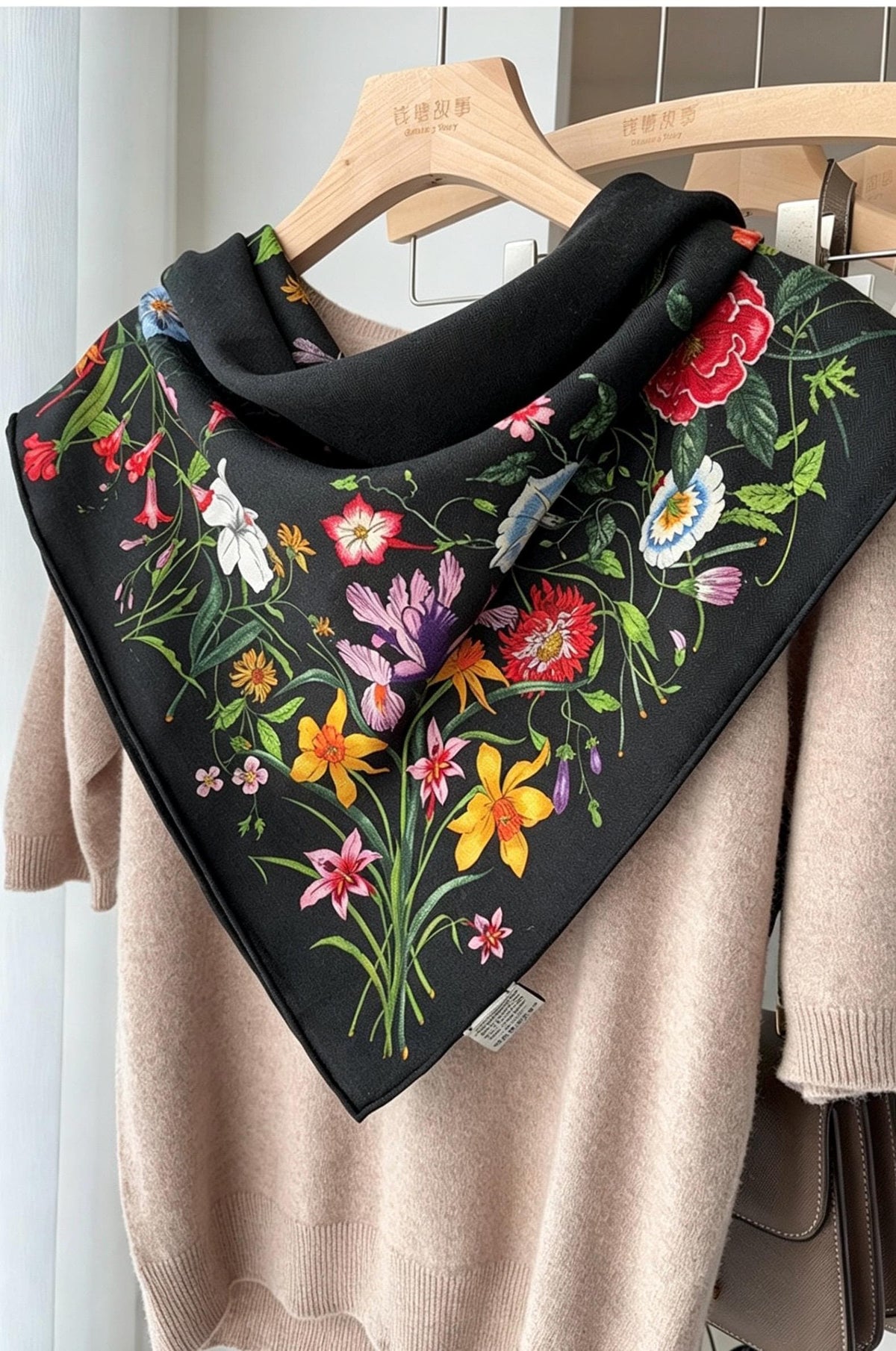 100% Mulberry Silk Scarf 35"x35" 88x88cm, Luxury Silk Wool Blend Shawl, Silent Garden Collection, Winter Warm Square Head Wrap, Gift for Her