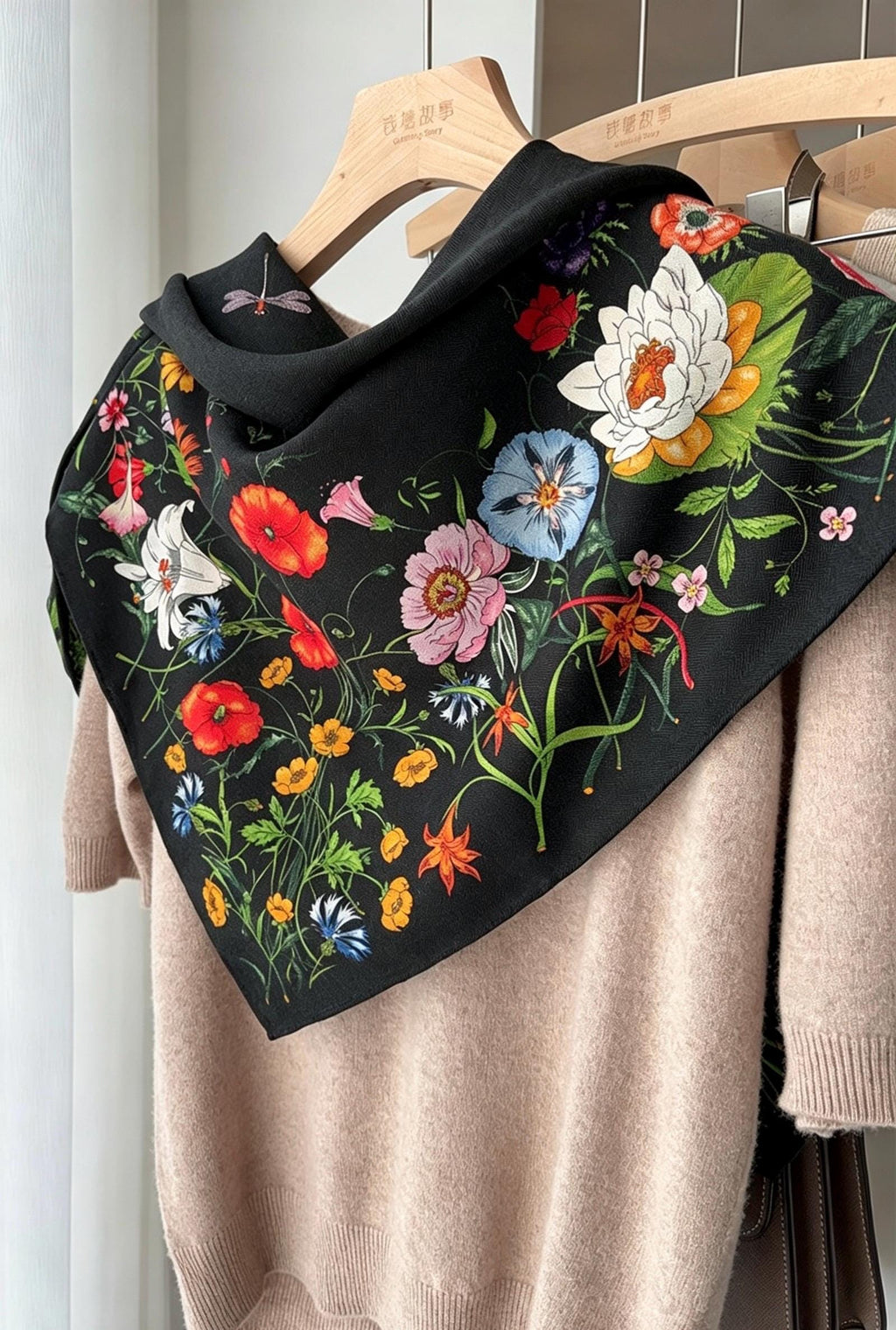 100% Mulberry Silk Scarf 35"x35" 88x88cm, Luxury Silk Wool Blend Shawl, Silent Garden Collection, Winter Warm Square Head Wrap, Gift for Her