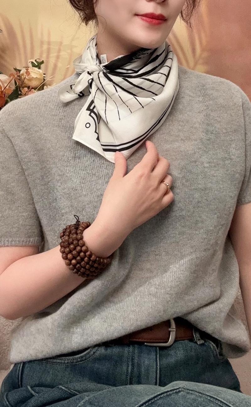 Minimalist Silk Scarf 25" Square Crepe de Chine Neck Head Scarf for Women, Elegant Geometric Luxury Hair Accessory, Chic Gift for Her